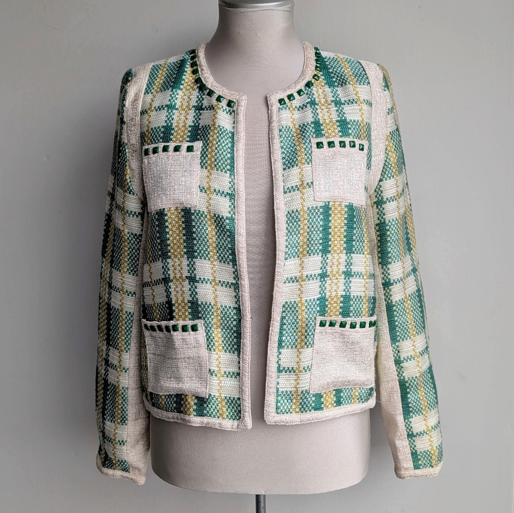 Anthropologie C. Luce Metallic Green Plaid Blazer Jacket